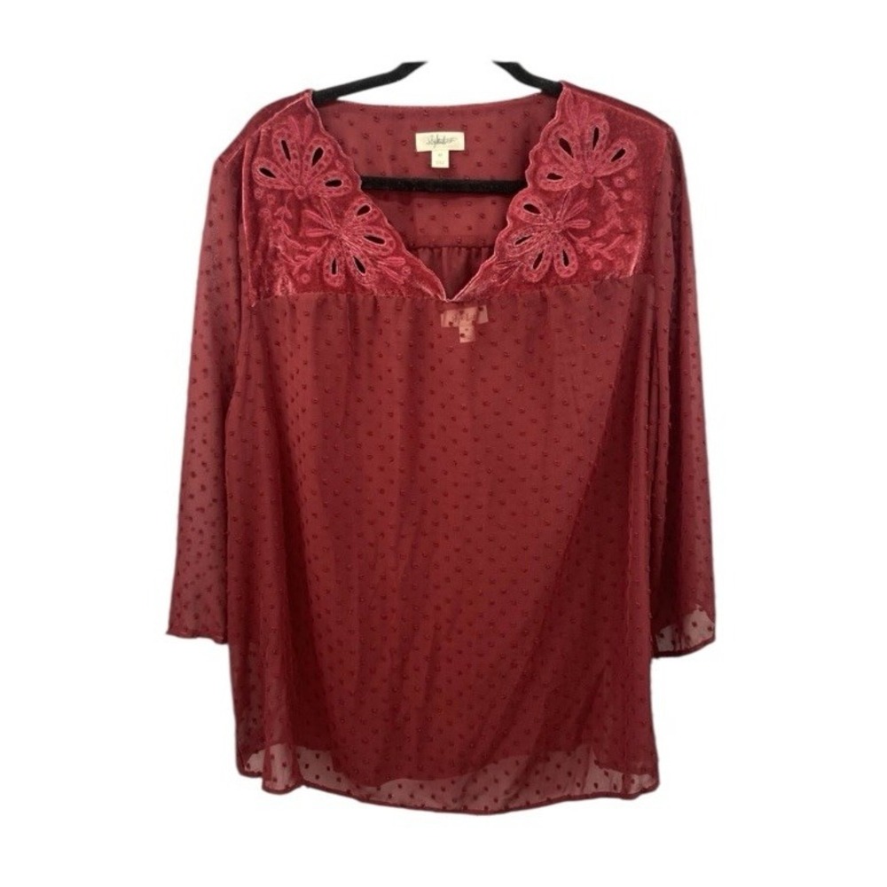 Style&Co Womens Size 2X Burgundy Swiss Dot and Velvet 3/4 Sleeve Blouse Top
